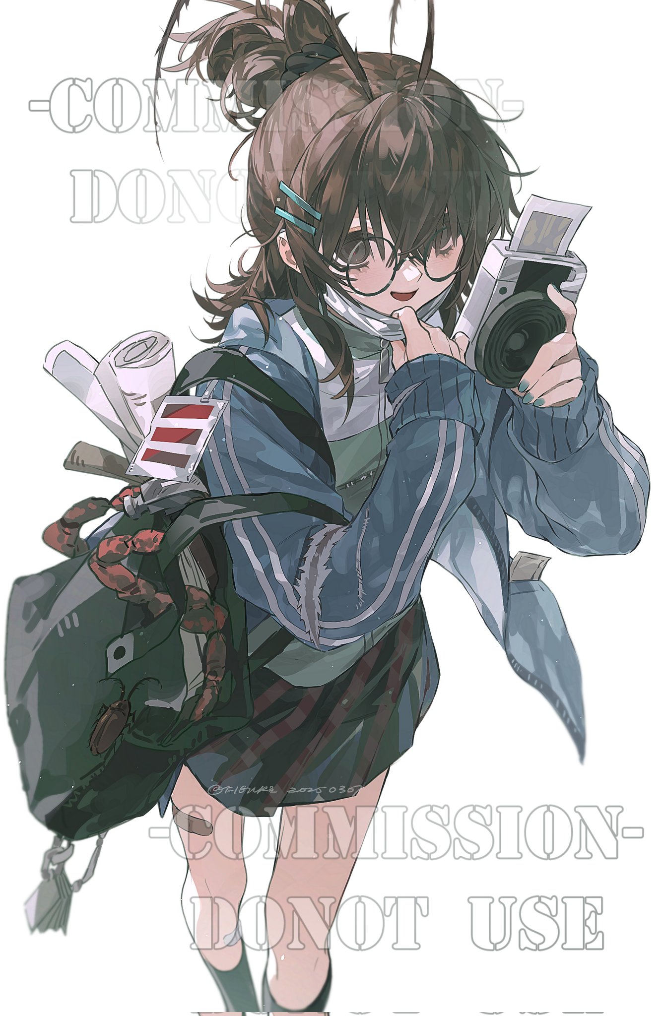 an anime girl with short brown hair, a ponytail, and bangs is taking a picture with a camera. she is wearing glasses, a blue and white striped jacket, a green skirt, black socks, and grey sneakers. she has a green backpack with a red striped document, and a rolledup white document sticking out of it. the text "commission  do not use" is in the background.