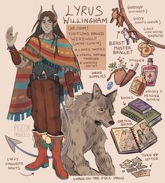 the image showcases a digital illustration of a character named lyrus willingham, designed for a fantasy setting, potentially dungeons & dragons. lyrus, a tiefling druid with the ability to transform into a werewolf, is depicted in a friendly pose, wearing a mix of practical and stylish attire. he has brown skin, long dark hair, and horns. the illustration includes details of his outfit, accessories, and possessions, including a beast master bracelet, herbs, a dagger, a potion, books, and a tornup letter.  a large wolf, presumably his animal companion, sits beside him.  the overall style is warm and inviting, with a focus on character personality and storytelling.
