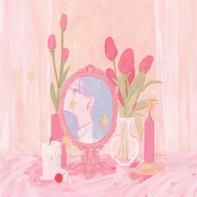 the illustration is set against a soft pink backdrop with vertical lines, suggesting a curtain or wall. the main focus is a vintagestyle, ornate oval mirror reflecting the profile of a girl with flowing blue hair. she has a single star earring, and more stars shimmer around her reflection. to the left of the mirror are two tall, thin pink candles, one lit and the other unlit. to the right is a clear glass vase holding a bouquet of pink tulips with long green stems and leaves. a small, flat yellow object, possibly a lid or coaster, sits beside the vase. the overall scene is delicate, romantic, and imbued with a dreamy, whimsical quality.