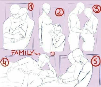 the image shows a series of poses and sketches for artists. it appears to be a family themed drawing reference. the poses illustrate a couple, likely pregnant, in various interactions. the sketches are numbered 15 for reference.