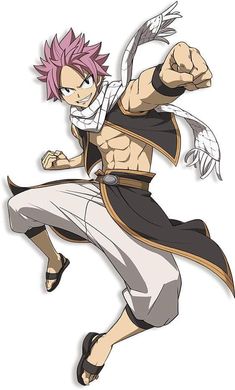 this is a depiction of natsu dragneel, the protagonist of the popular anime/manga series fairy tail. he is known for his pink hair and his passionate personality. he is shown here in a dynamic pose, seemingly in the middle of a fight, with a serious expression on his face.  his signature fire magic is also visible.