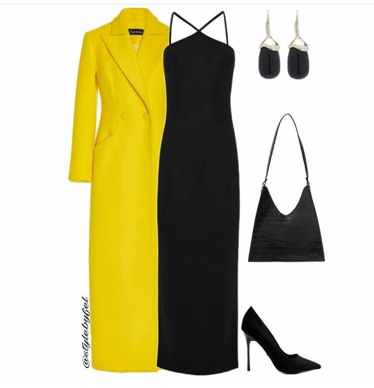 the image shows a yellow overcoat, a black midi dress, a black purse, black heels, and earrings.