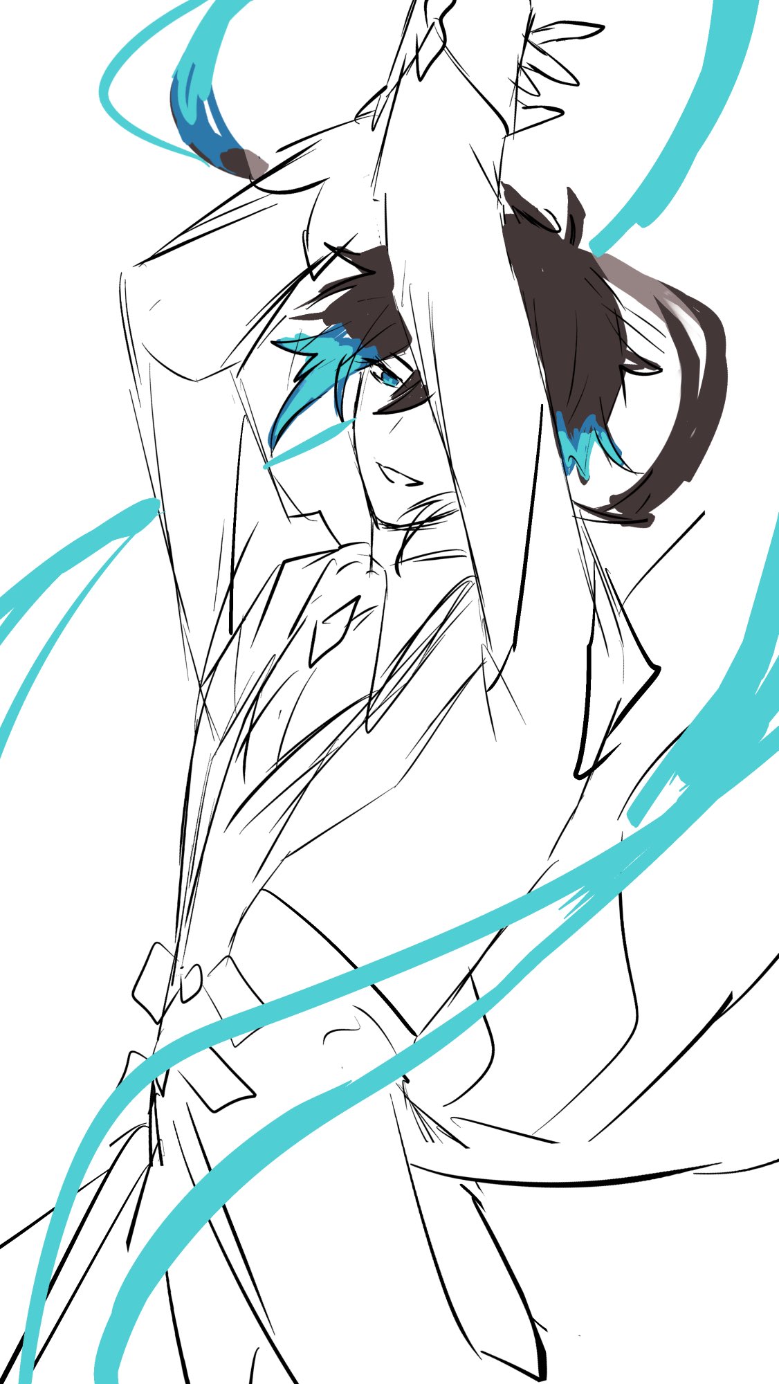a dynamic line drawing of an anime character with black hair and blue highlights. they are dressed in white clothing and posed in a dramatic action stance. there is a blue streak of energy flowing around them. the character is outlined in black and the blue streak is filled in.