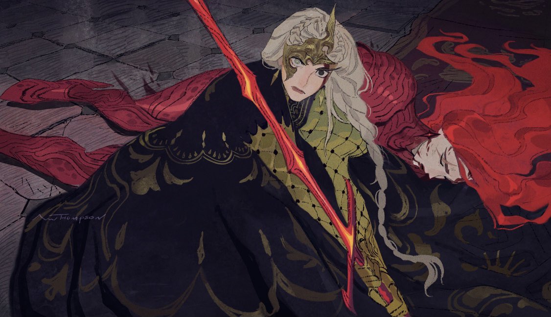 a woman in ornate armor and a flowing black and gold cape stands over a fallen warrior with red hair. she holds a glowing red sword in her hand. the scene is depicted in a fantastical style, suggesting a battle or a moment of triumph.  the woman's face is obscured by a golden mask.  the image is filled with dramatic lighting and rich colors, enhancing the atmosphere of intensity.  it seems to be from a fantasy world or a story involving magic and combat.