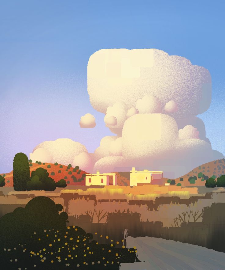 the painting showcases a serene desert landscape bathed in warm, afternoon sunlight. a minimalist, white house with a flat roof sits nestled in the midground, partially obscured by a towering formation of stylized, fluffy white clouds that dominate the sky. the foreground features a winding dirt road leading towards the viewer, flanked by vibrant yellow wildflowers and muted green bushes. rolling hills, rendered in soft oranges and browns, complete the background. a solitary figure can be seen in the distance, their small size emphasizing the vastness of the landscape.  the overall effect is one of tranquility and solitude, with a touch of whimsy lent by the exaggerated clouds.