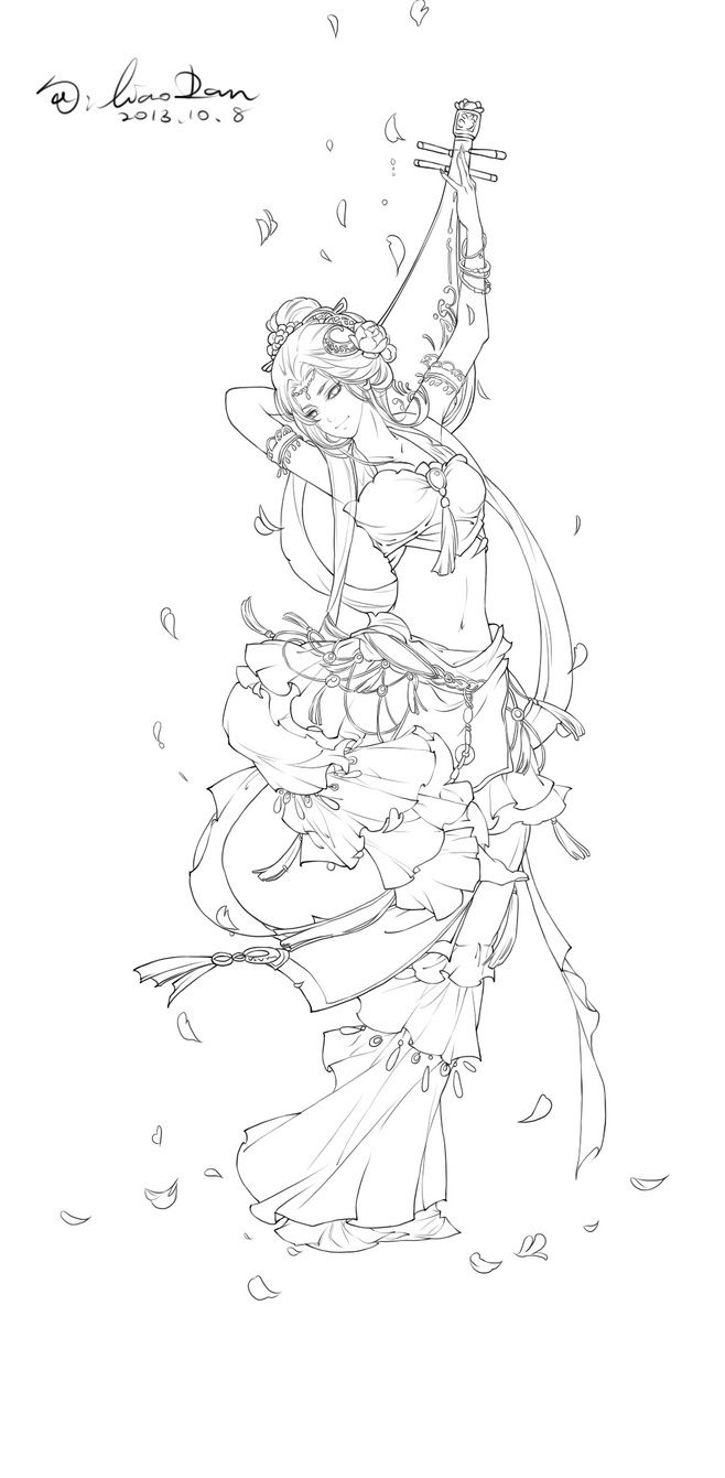 a black and white line drawing of a woman in an elaborate dress, holding a musical instrument, with petals floating around her.