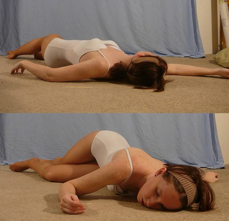 the image shows two different poses of a woman lying on a carpet in a white bodysuit. in both poses, she is lying down with her eyes closed and a headband in her hair. a blue curtain serves as a backdrop. in the top image, she lies with one arm outstretched. the bottom image shows her in a more curled position.