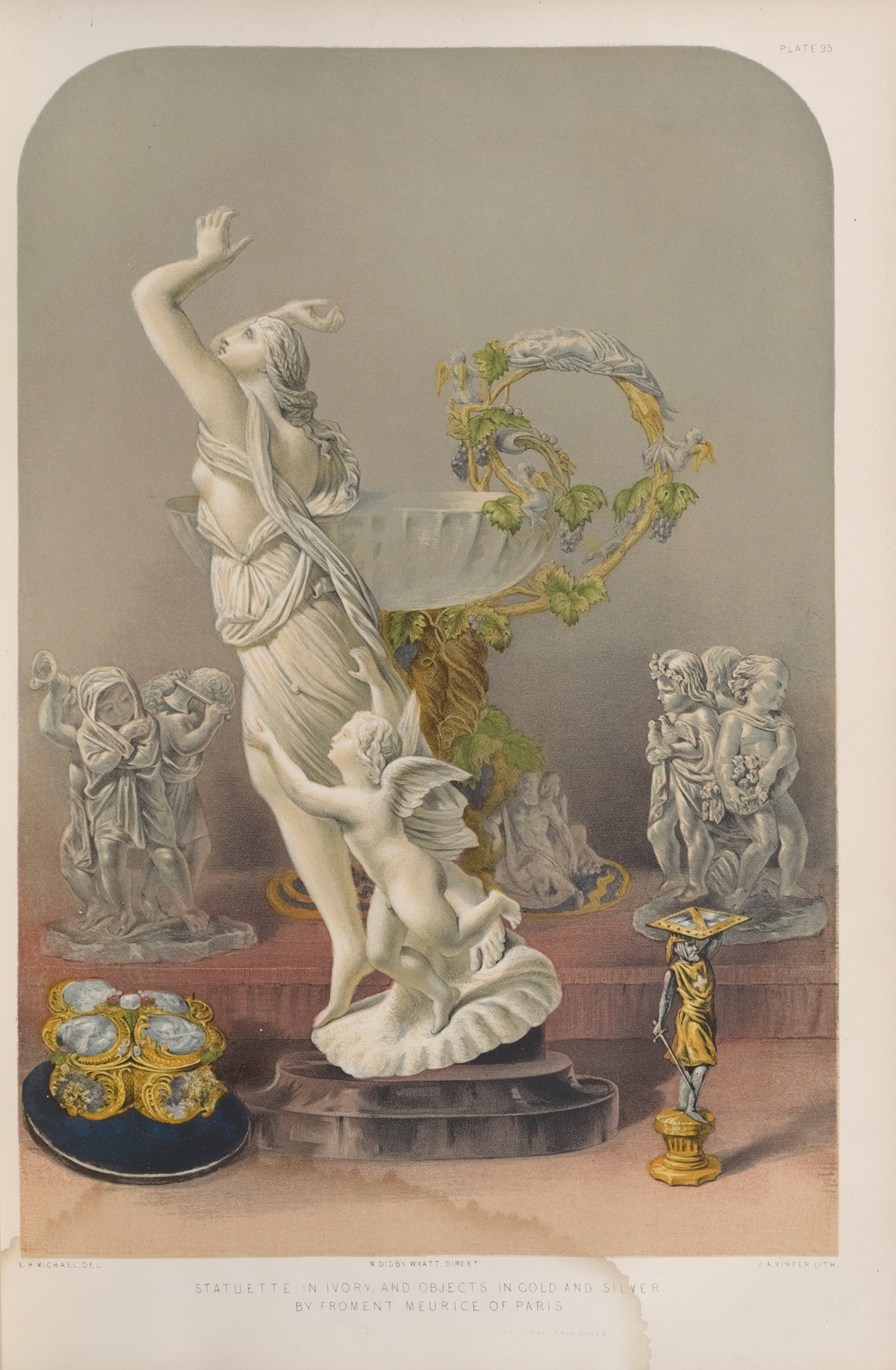 the image contains several statues and objects made of ivory, gold, and silver. there is a large statue of a woman in a flowing garment with her arm raised. next to her is a smaller statue of a cherub. there is also a large urn with grape vines wrapping around it. on the left side of the image is a statue of cherubs making music, and a gold jewelry box on a blue cushion. on the right is another statue of cherubs and a small gold and silver column. all the objects are displayed on a red platform with a grey background.