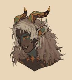 this is a bust portrait of a darkskinned humanoid character with long white hair, stylized horns, and pointed ears. they have intricate jewelry with dangling accents. the style is painterly, and the palette is muted. the character is smiling softly.