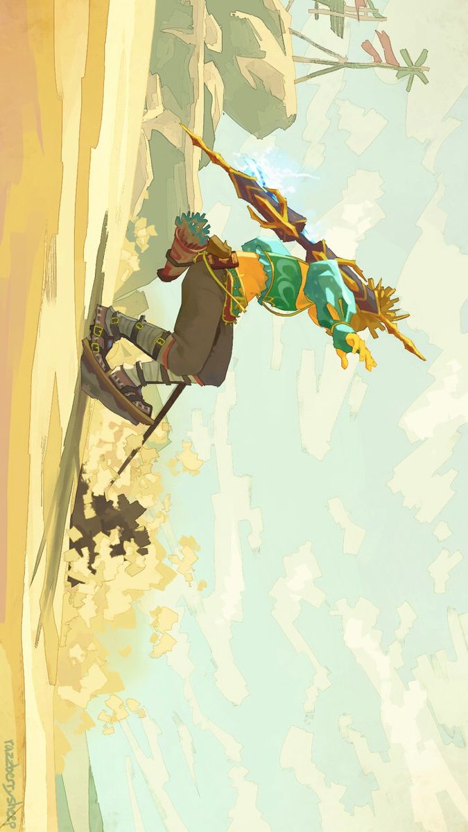 the image is a fantasy art illustration depicting link from the video game "the legend of zelda: breath of the wild" climbing a cliff face. he is holding a golden, intricately designed bow. the background shows a landscape with a windmill, rendered in a painterly style with soft colors and bold outlines.