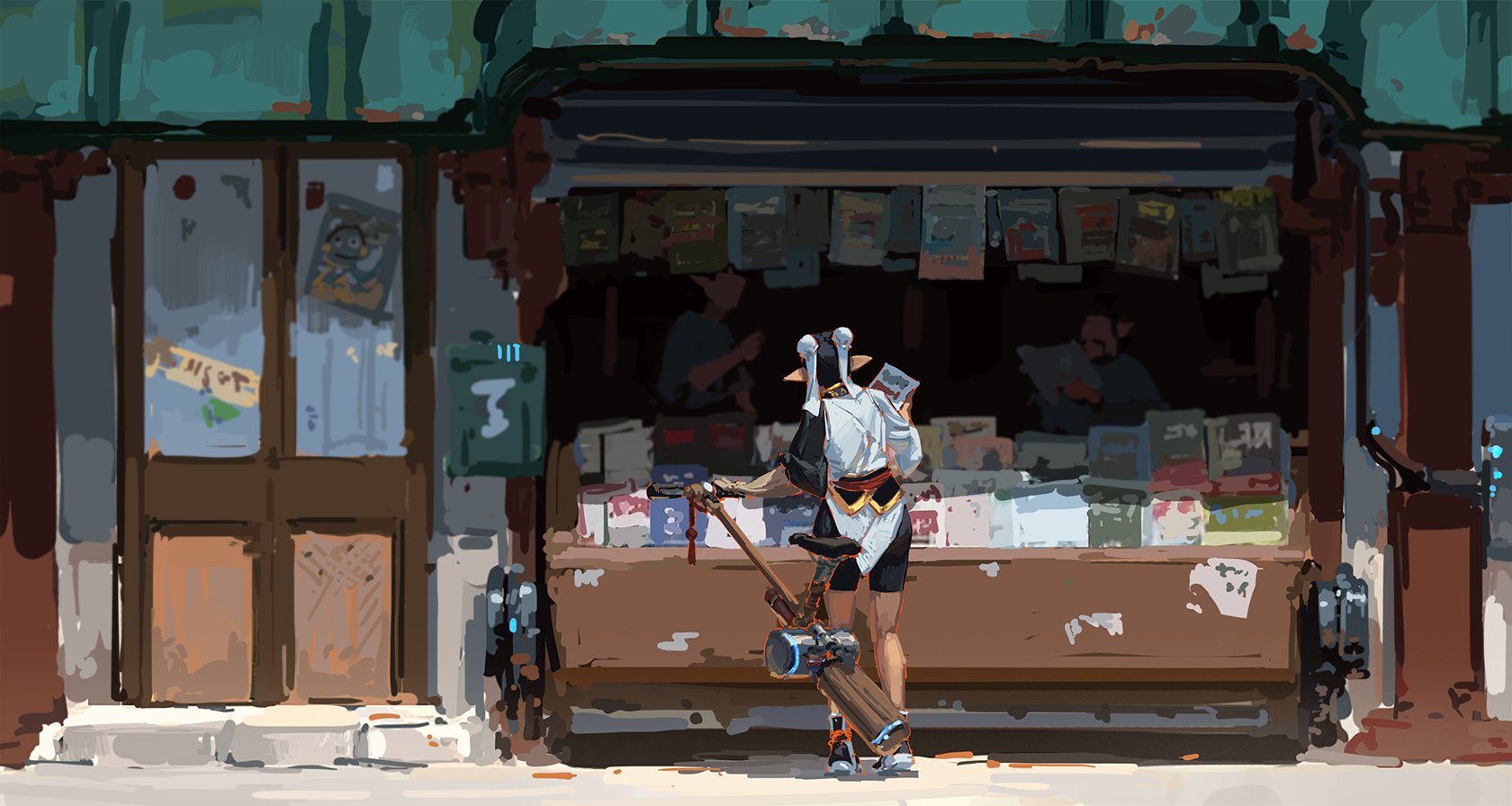 the digital painting showcases a whimsical urban scene, centered around a fantasystyled female elf character. she stands before a bustling bookstore or newsstand, holding a large, ornate mallet that resembles a weapon or tool affixed to a bicycle.  the elf is dressed in a unique outfit, combining elements of fantasy and modern clothing. the bookstore itself is richly detailed, filled with books and magazines, with several other lessdefined figures visible inside. the style of the artwork is loose and painterly, with visible brushstrokes contributing to the overall vibrant and lively feel of the piece. the scene is bathed in natural sunlight, casting shadows that add depth and dimension. the overall aesthetic blends fantasy elements with a realistic urban setting, creating a unique and captivating image.