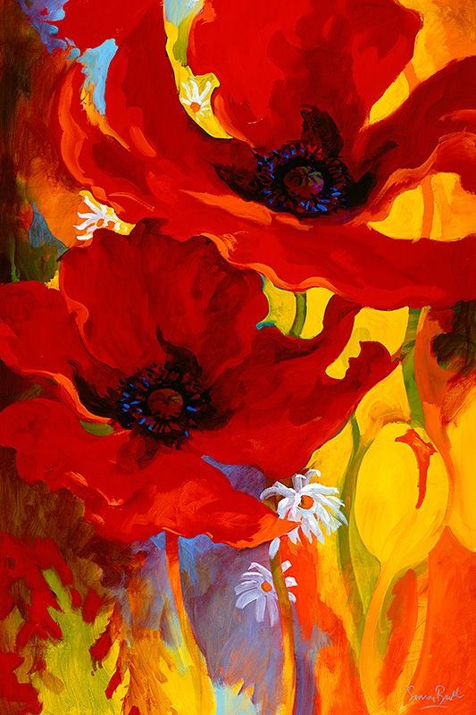 a vibrant painting of two red poppies with white centers. the poppies are in the foreground, with a yellow and orange background behind them. the painting is very abstract, with thick brushstrokes and vivid colors.