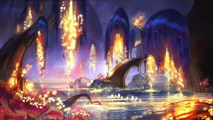 the image shows a fantastical, surreal landscape. tall, dark purple structures resembling trees with glowing orangeyellow lights cascading down them dominate the scene. a bridge arches over water reflecting the lights and structures. unusual plants and flowers with glowing accents are present in the foreground. the overall impression is magical and mysterious.