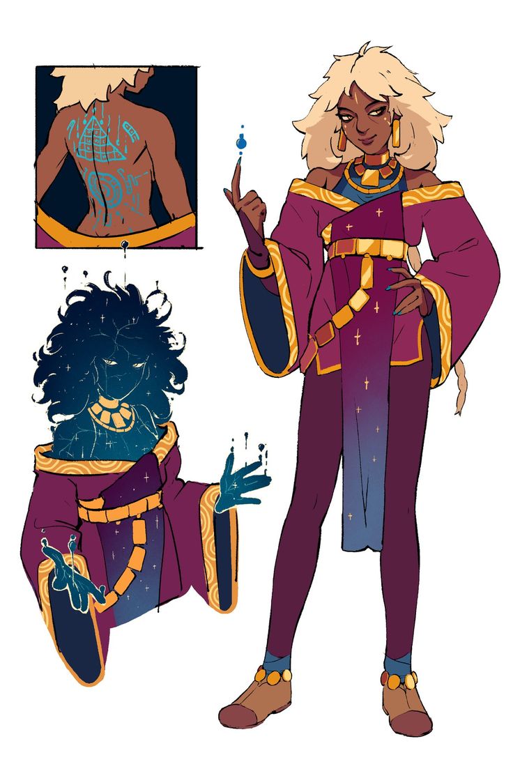 the image features a fullbody illustration of a female character, likely a fantasy sorceress or wizard. she has a dark complexion, blonde hair tied back, and wears a flowing purple and gold robe with intricate cosmic designs. her expression is serious and confident, emphasizing her magical nature. the illustration includes details like a golden belt with decorative symbols, long, painted fingernails, and hints of cosmic energy emanating from her hands. a small separate box shows a closeup of her back, revealing a complex tattoo of a pyramid and celestial patterns. the overall style is vibrant and detailed, capturing the magical and powerful aura of the character.