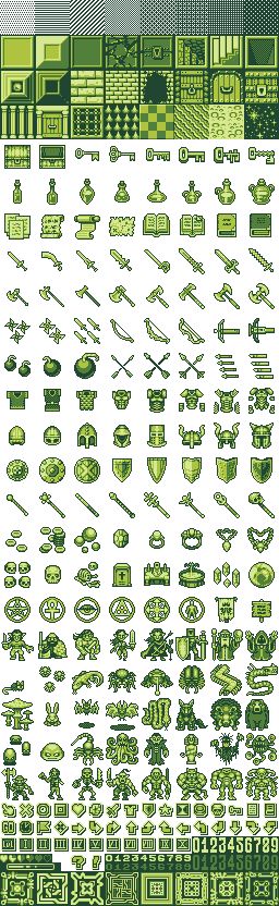 a pixel art spritesheet containing various game assets such as walls, floor tiles, doors, treasure chests, potions, anvils, keys, books, candles, weapons, swords, axes, hammers, shields, enemies, bosses, characters, numbers, and fonts in a green color scheme.