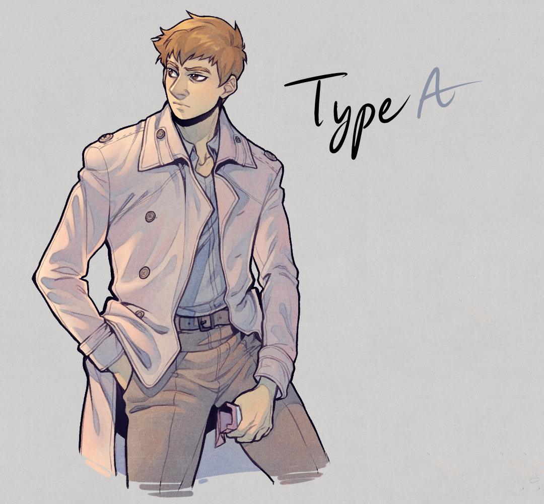 the image is a digital illustration of a young man with short brown hair and a stern expression. he is wearing a light gray trench coat over a blue buttondown shirt and brown pants. he stands with his right hand in his pocket and holds a smartphone in his left hand. the background is a plain light gray, and the text "type a" is written in a stylized font above the figure's right shoulder. the overall style of the illustration is reminiscent of anime and manga.