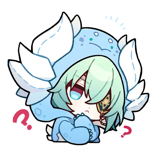 an anime chibi girl, presumably nahida from genshin impact, is depicted in a blue dinosaur hoodie. the character has green hair, fair skin, and is surrounded by question marks, suggesting curiosity or confusion.