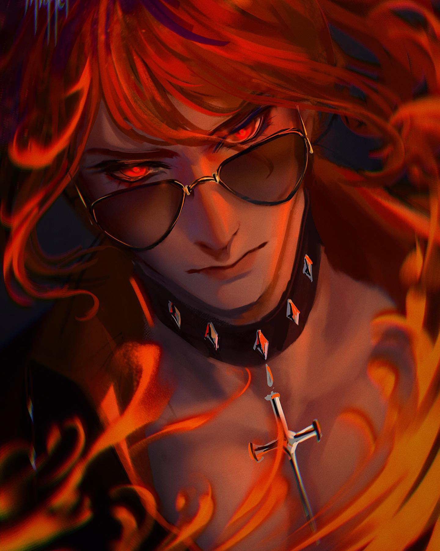 a digital painting of a stylized animestyle male character with fiery red hair and intense red eyes. he wears sunglasses, a black choker with studs, and a cross necklace. the character is surrounded by flames, adding to the dramatic and edgy atmosphere. the style is highly detailed and expressive, with strong use of light and shadow. the overall impression is one of power, mystery, and a slightly dangerous allure.