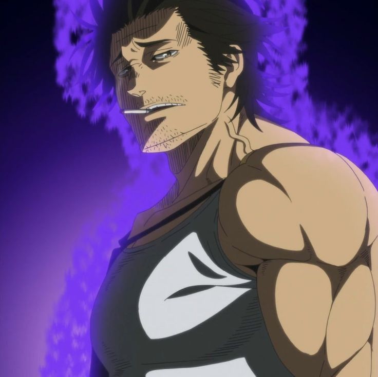 the image features an anime character, likely from the series black clover. he's a muscular male with dark hair, a serious expression, and a hint of a grim smile. he appears to be wielding magic, represented by the purple flames surrounding him. the character exudes strength and determination, suggesting he's a powerful and formidable mage.
