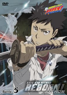 the image features tsuna sawada, the protagonist from the anime series "katekyo hitman reborn!". he's in the midst of an intense battle, wielding a katana with a determined expression on his face. the background is a dark, urban setting with streaks of light highlighting the action. the image utilizes dramatic lighting and a closeup perspective to emphasize the intensity of the scene.