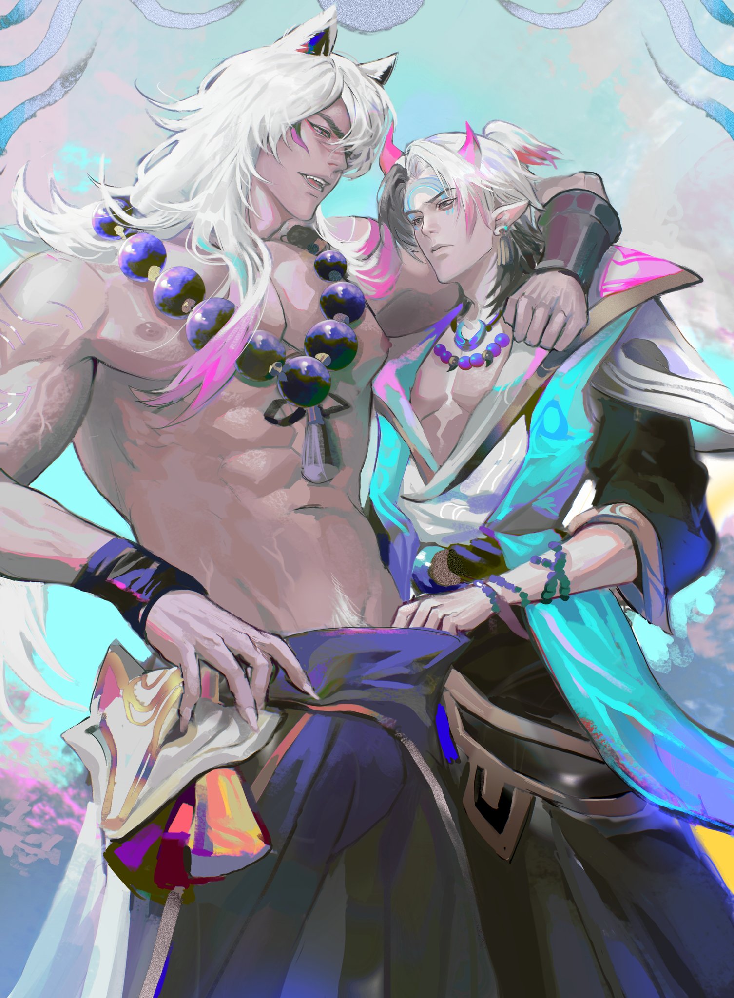 this is a digital fan art illustration depicting two anime/manga men with long, flowing hair. one is a muscular man with white hair, and the other is a slim man with blue hair. they are standing close to each other, and the one with white hair has his arm around the other's shoulder. they are both looking at the camera. the man with white hair is wearing a necklace with black beads and a white belt, and the man with blue hair is wearing a green bracelet and a blue necklace. the background is a light blue color, and there are clouds and other ethereal elements in the background. the art style is very beautiful and stylish. they appear to be in love, with a hint of romance in the air, as their eyes meet, and they are close to each other. the setting is magical and mystical.