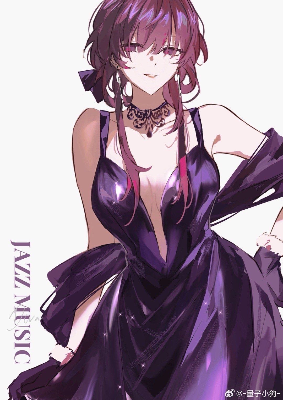 the image is a colorful anime illustration of a young woman with long purple hair and a white background.  she is wearing a purple dress with a black choker.  her hair is pulled back in a bun. she is smiling and looking at the viewer. "jazz music" is written in white letters on the left side of the image.  the image is a style common for anime illustrations.