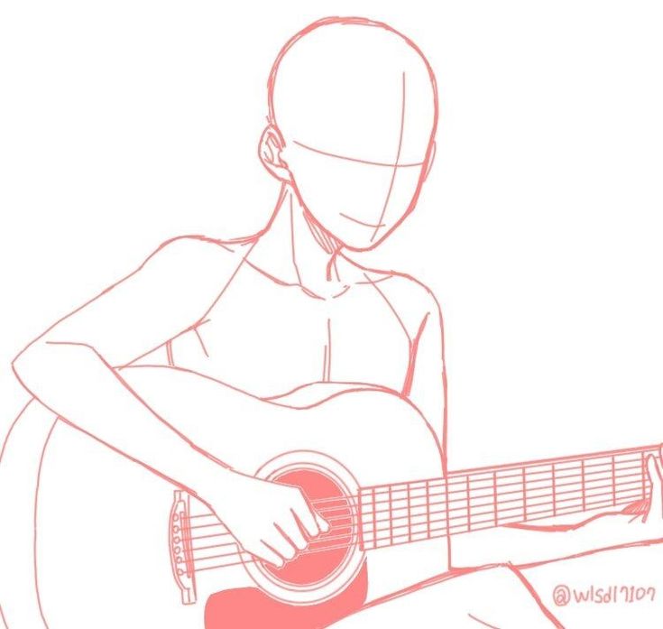 a pink line drawing of a character sitting with their back to the viewer, their arms outstretched. they are playing a guitar. the character is only drawn with lines and shapes to show the pose and body shape.