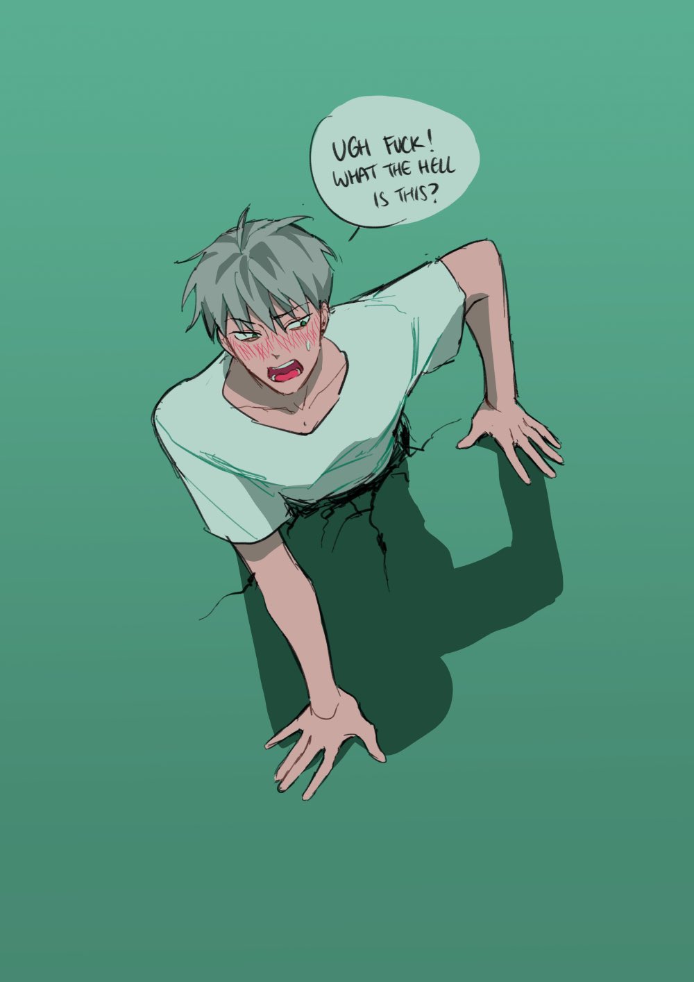 a young man with light green hair and a white shirt is leaning forward with his left hand on the ground, his right hand is outstretched in front of him. he is shocked, maybe even a little angry, with his mouth open in an "o" shape. he has a speech bubble above him with the text "ugh fuck! what the hell is this?" inside. he is leaning against a green wall with his shadow beneath him.