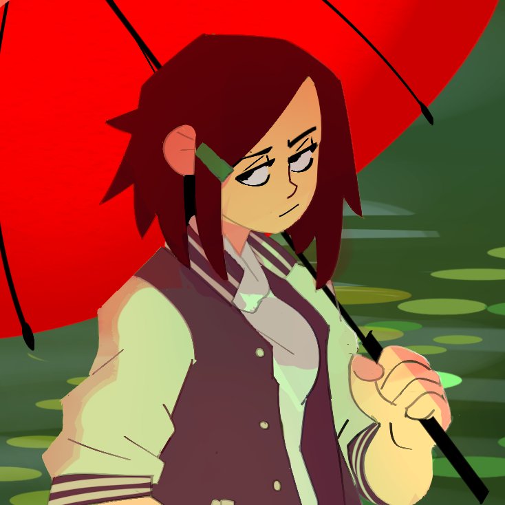 this is a digital illustration of an anime style girl.  she is wearing a white shirt, dark jacket, and black and white striped sleeves.  she is holding a red umbrella, and her hair is dark red. she looks sad and is staring down at the ground.  the background is a green pond with lily pads.  the overall color scheme is red, green, and black.