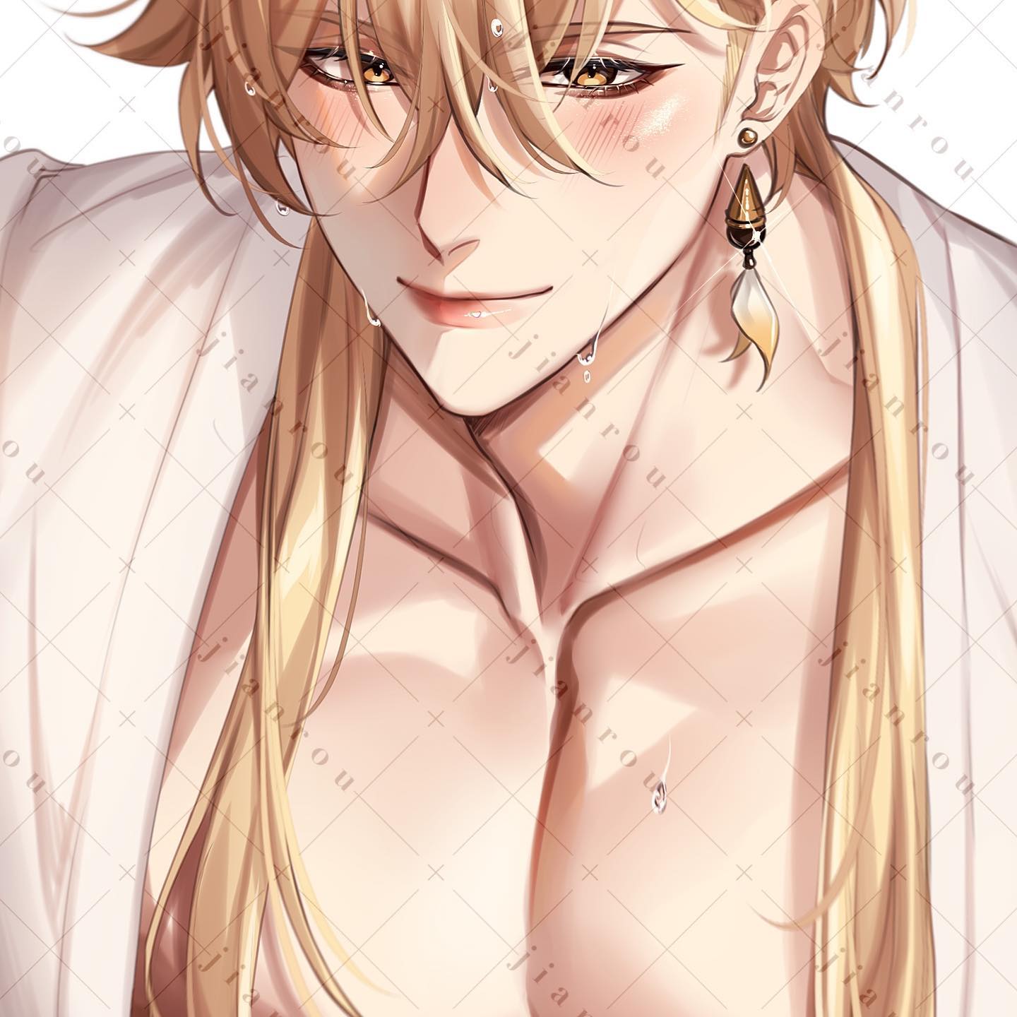 the image is a digital drawing of a young man with long blond hair, wearing a partially open white shirt. water droplets are visible on his skin and hair, suggesting he may have recently been wet. he has golden earrings and appears to be looking down slightly with a soft expression. the style is reminiscent of anime or manga, with soft lines and a focus on facial features and expression. the overall mood is sensual and suggestive, but not overtly sexual. the color palette is muted, with light browns, peaches, and whites dominating. the background is a simple white grid pattern that is watermarked.