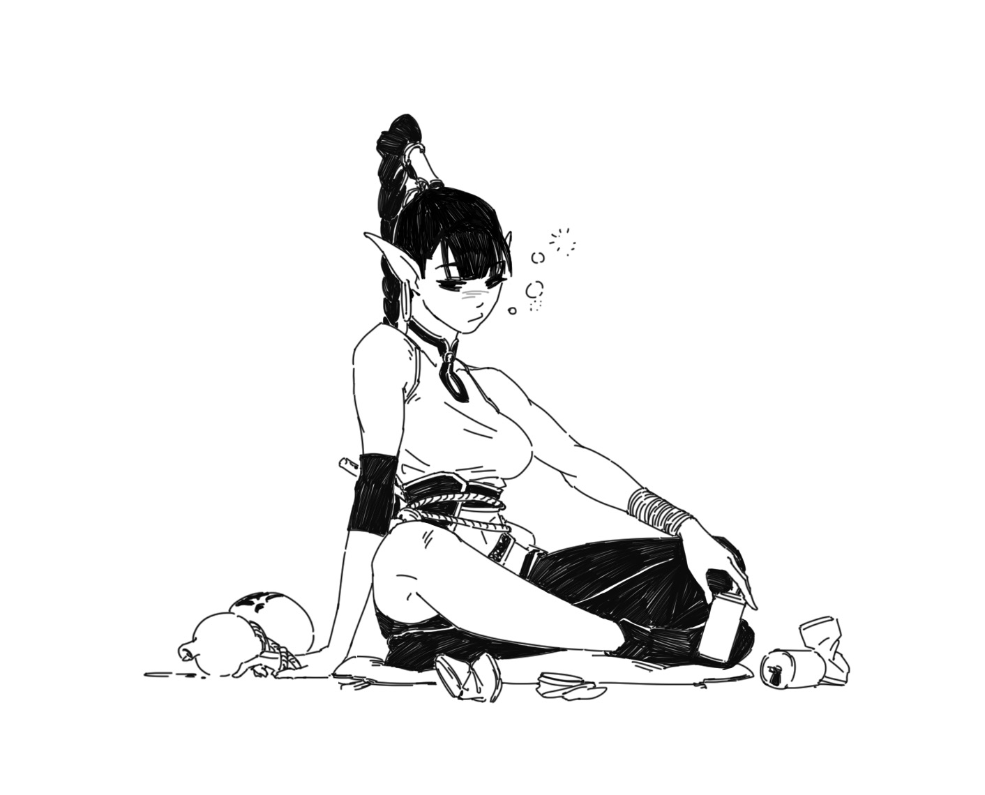 the image is a black and white illustration of a female elf, seemingly intoxicated. she is sitting on the ground surrounded by what appears to be empty containers or debris. she has pointed ears, a ponytail, and is wearing a sleeveless top and shorts.  her expression is calm, almost peaceful. the overall style is reminiscent of manga or anime. the drawing is sketchy and loose, giving it a casual feel. bubbles around her head suggest she may have been drinking.