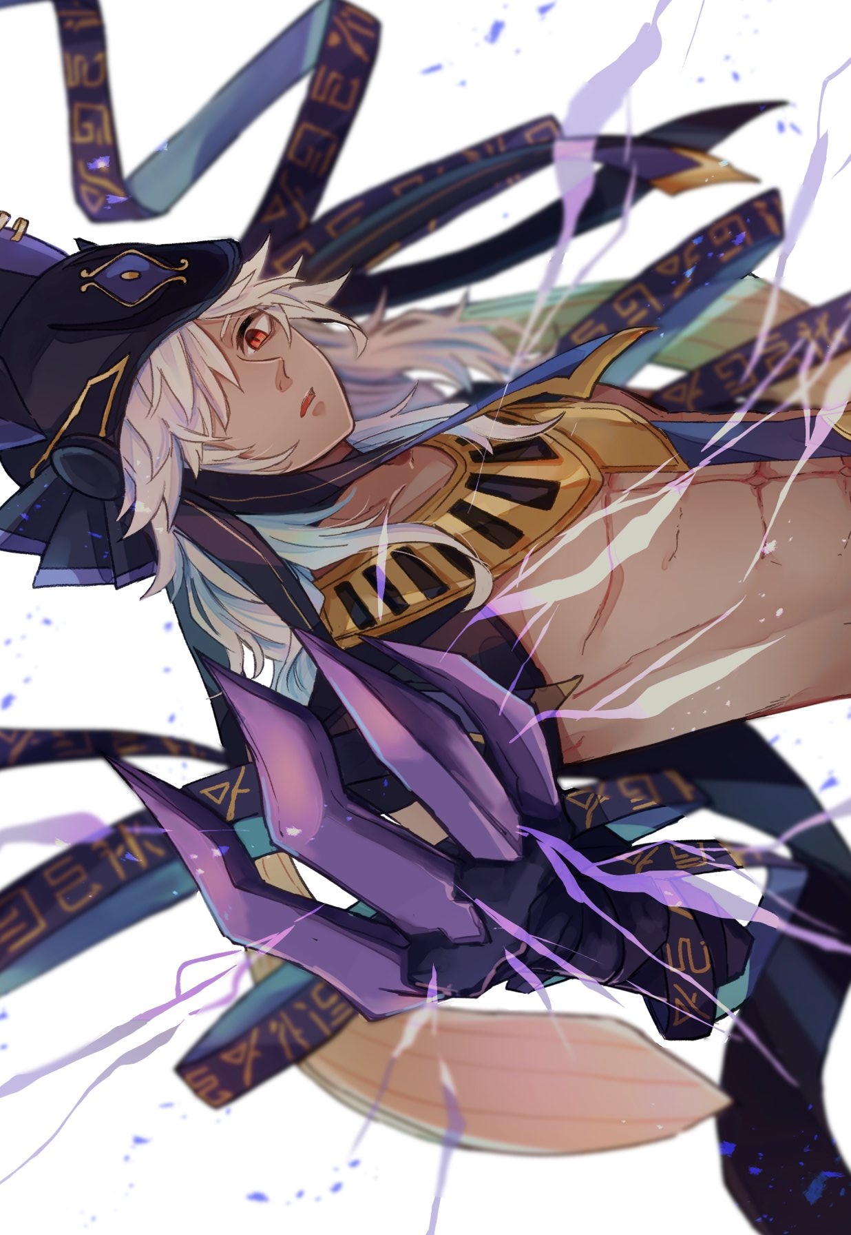 the image depicts an anime boy with white hair and purple eyes, wearing a gold and purple outfit, holding a purple weapon. he appears to be in a fierce battle, with magical energy flowing around him. the image is filled with action and excitement, suggesting a thrilling and adventurous story. the boy's expression is intense, showcasing his determination and power. the artwork style is reminiscent of manga and anime, featuring vibrant colors and dynamic poses.