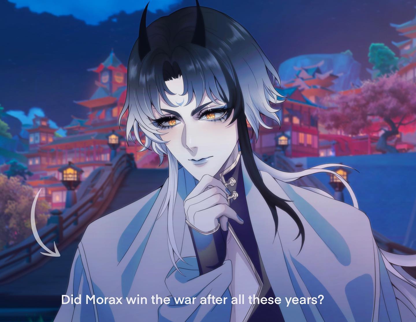 the image shows a handsome anime character with long black and white hair. he has horns, golden eyes and a smirk. he is wearing a white coat with a blue undergarment. he is looking at the viewer with a serious expression. the background is a night scene with a cityscape in the distance. the character seems to be thinking about something. the words "did morax win the war after all these years?" are written at the bottom of the image. the image is an anime art style and is very detailed and colorful. it is likely a fan art piece based on a specific character from an anime or manga.