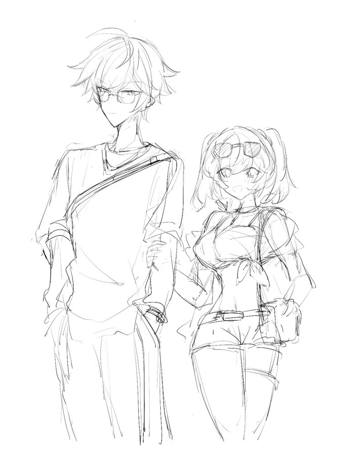 a black and white sketch of a young animestyle couple. the boy is wearing glasses and a casual shirt, while the girl is wearing sunglasses and a summer outfit. they are holding hands and appear to be walking together. the style is loose and sketchy, indicative of a quick drawing or concept art.