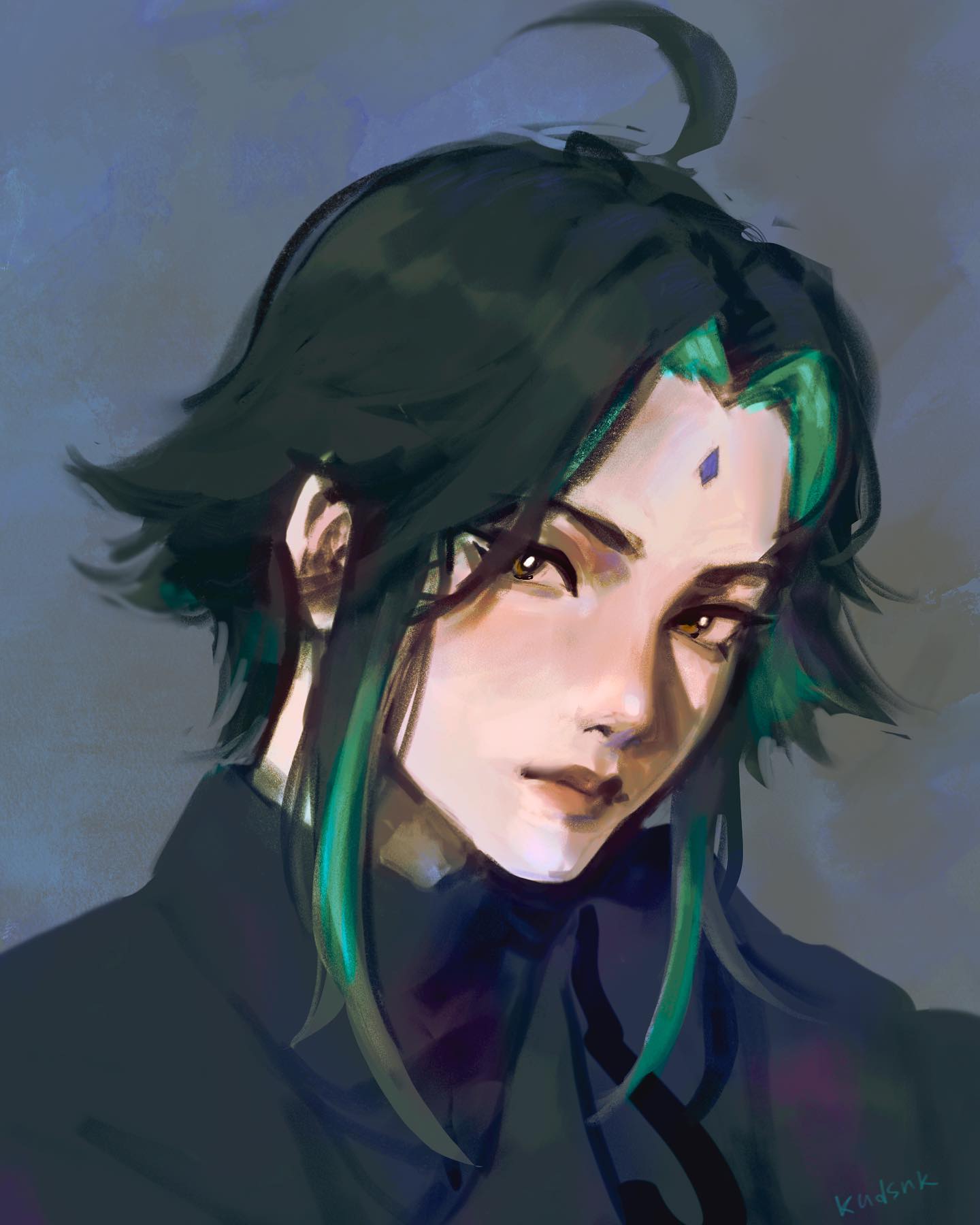 the image is a digital painting of a young adult with androgynous features. their hair is a dark green with teal highlights styled in a somewhat messy yet deliberate manner, partially pulled back from their face.  they have striking, expressive eyes, and a small, faceted gemstonelike marking on their forehead. the character is dressed in dark, almost black clothing with a high collar, giving a slightly mysterious feel. the painting style is painterly, using blended brush strokes and subtle shading to create depth and texture. the overall mood is one of quiet intensity or contemplation. the artist's signature, "kudsnk," is visible in the bottom right corner.