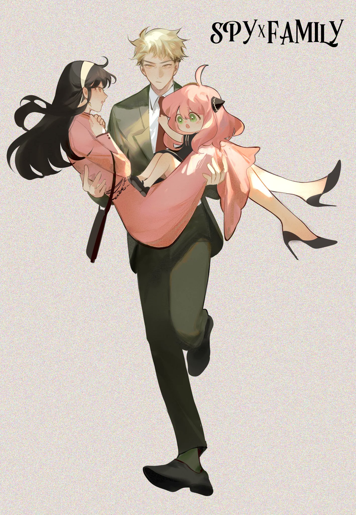 this is a fanart illustration of the main family from spy x family, loid, yor, and anya.  the image is drawn in a slightly painterly style, with soft colours and smooth lines. loid is depicted carrying both yor and anya, who are both smiling. yor is wearing a pink dress and anya is also dressed in pink. loid is in a dark green suit.  the title "spy×family" is written at the top of the image. the overall mood is lighthearted and loving.