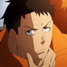 this is a closeup illustration of shinra kusakabe from the anime fire force. he is shown from the chest up, with a serious expression on his face. his brow is furrowed, and his eyes are narrowed in determination. he is wearing an orange jumpsuit, which suggests that he may be in a prison or detention center.  the lighting in the image is dramatic, with deep shadows accentuating his muscular build and determined expression.
