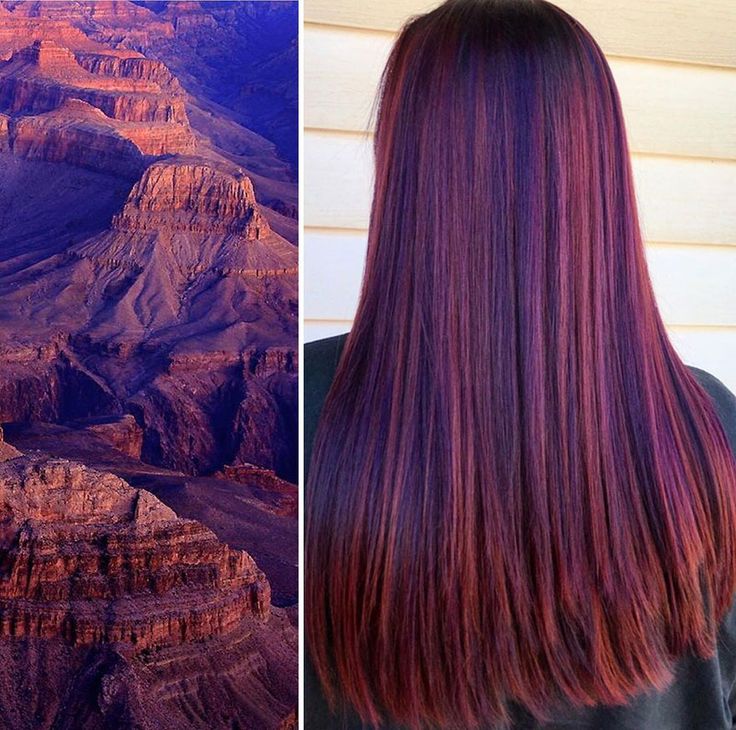 a photo of a woman with long hair styled in an ombre with purple and red tones. the woman's hair is styled straight and her back is to the camera. the photo is split in half with an image of the grand canyon on the left and the woman on the right.