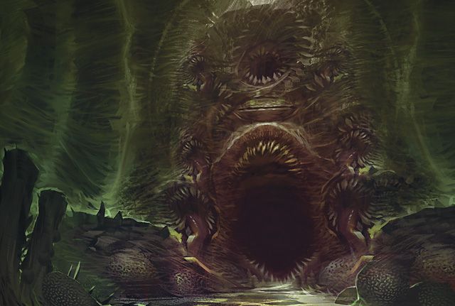 a digital painting of a monstrous creature with many mouths and eyes. the creature's gaping maw appears to be a cave entrance, leading into a dark and unknown area. the creature's body is made up of layers of teeth and other jagged features, giving it a terrifying and unsettling appearance. the background is a blur of greens and browns, creating a sense of depth and distance. the overall impression is one of horror and unease.