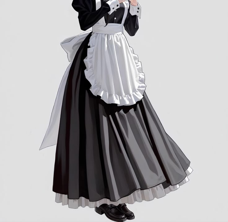 the image shows a person in a classic black and white maid outfit. the outfit consists of a long, black skirt with white frills at the bottom, a white apron with frills and a bow, and black shoes. the style is reminiscent of anime or manga.