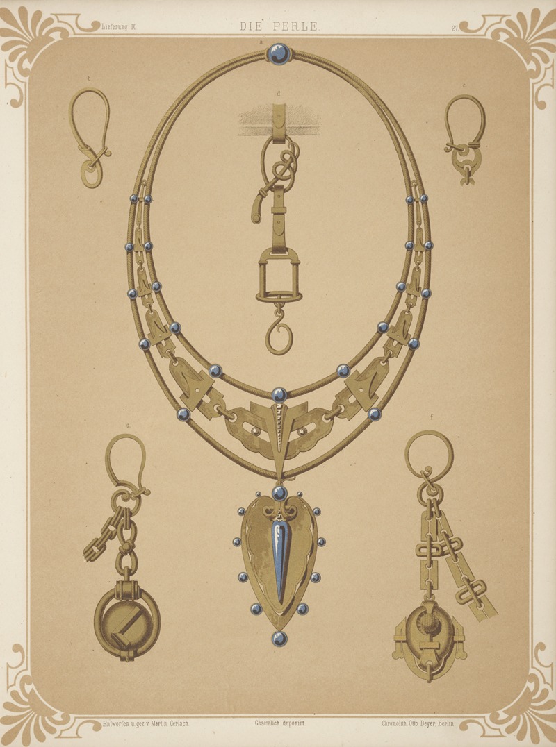 the image depicts a vintage art nouveaustyle jewelry design labeled "die perle". it showcases a necklace with a circular chain adorned with blue pearls, connected to a pendant shaped like a heart with a blue centerpiece. the design includes various earrings and chains with ornate details. the drawing is framed by decorative corner elements.
