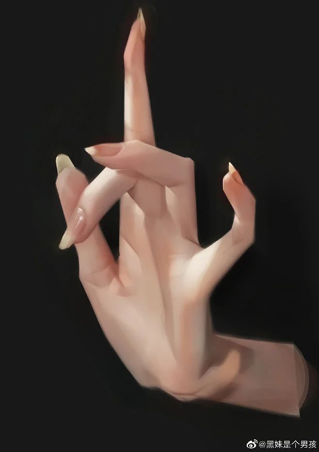 a digital art illustration showing a hand with long, pointed fingernails, crossing the fingers against a dark background. the hand is rendered with soft lighting and shading, emphasizing the curves and contours of the skin.