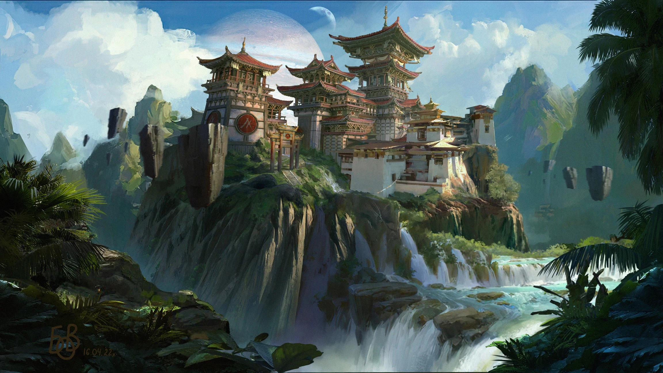 this is a fantasy landscape painting. the painting features a large, ornate temple complex perched atop a mountain peak, overlooking a lush valley. multiple waterfalls cascade down the mountainside, and lush vegetation surrounds the temple. the scene is bathed in warm sunlight, creating a sense of peace and tranquility.  the style of the painting is reminiscent of classical chinese or japanese landscape art.