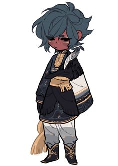 a fullbody illustration of a young boy with dark skin and messy blue hair. he's wearing an elaborate, darkcolored outfit with gold accents, featuring a long scarf, a feather tucked into his clothes, and cowboy boots. he stands against a plain white background.
