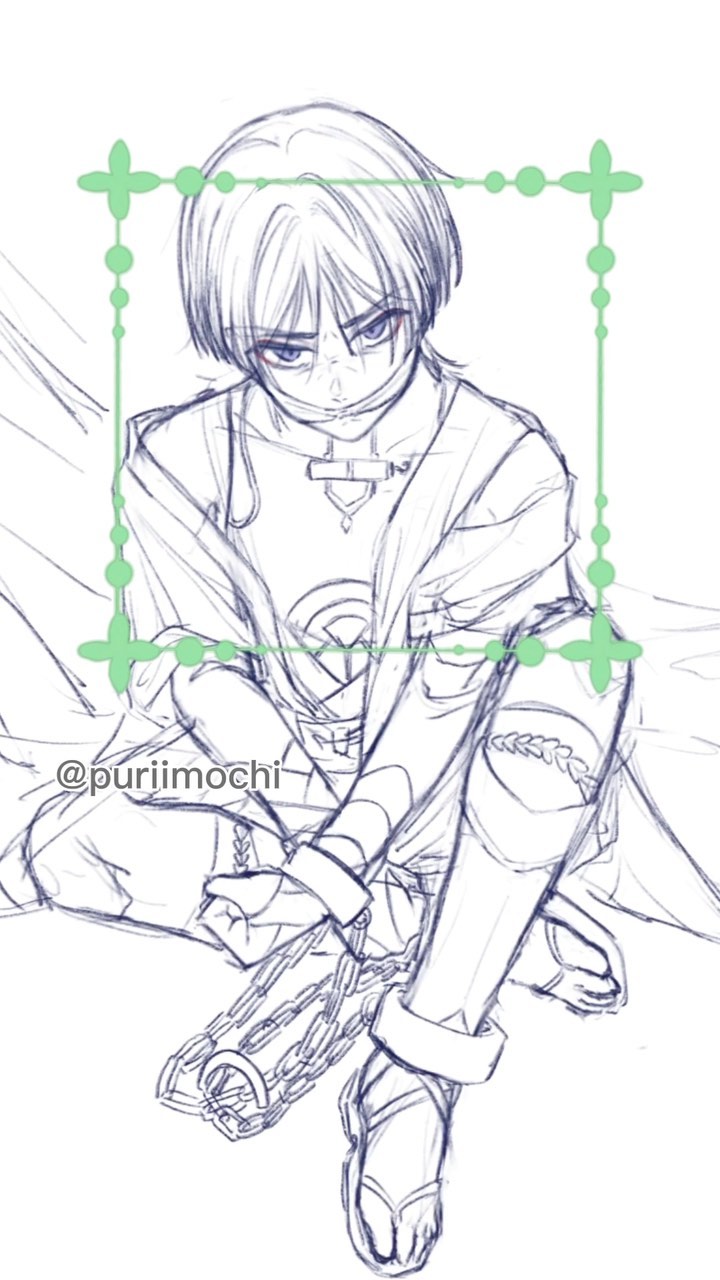 a pencil sketch of an animestyle boy with short, dark hair. he is depicted sitting on the ground, bound by chains around his ankles and wrists. his expression is sad, and he appears to be in distress. the drawing style is loose and expressive, with visible pencil strokes.  the background is minimally detailed, focusing the attention on the character. the art style suggests a scene of captivity or imprisonment.