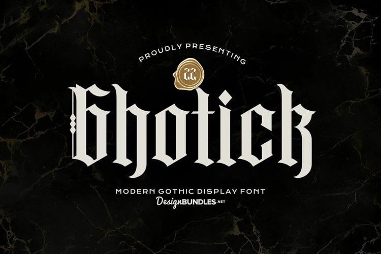 the image showcases the "ghotick" font.  it's a modern gothic display font, presented on a dark marble background. the font's name is prominently displayed in large, stylized lettering.  there is text above and below the main font name indicating it's a "modern gothic display font" and the source designbundles.net. a small gold seal with the number "22" is included, presumably as a design element or branding mark. the overall style is dark, elegant, and sophisticated, highlighting the unique characteristics of the font.