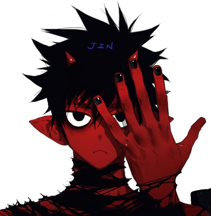 this is a digital art illustration of an anime character with black hair and red skin. the character has horns and looks angry. his right hand is covering part of his face, with his fingers outstretched. he is wearing black clothing and has a black collar. the background is white. the image is styled in a dark and edgy manner.