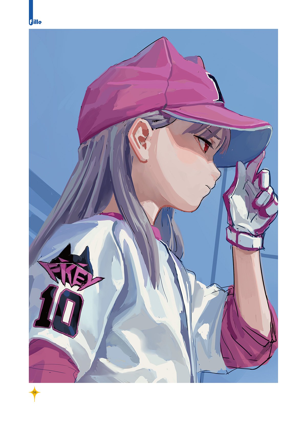 anime style illustration of a young woman wearing a pink baseball cap and a white baseball uniform with the number 10 and a "fkey" logo on the sleeve. she is also wearing a white glove and holding the brim of the hat. she is against a light blue background.