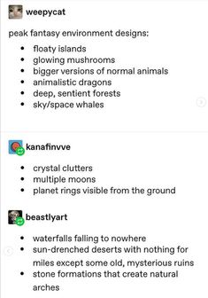 he image is a screenshot of a text conversation about fantasy environment design ideas.