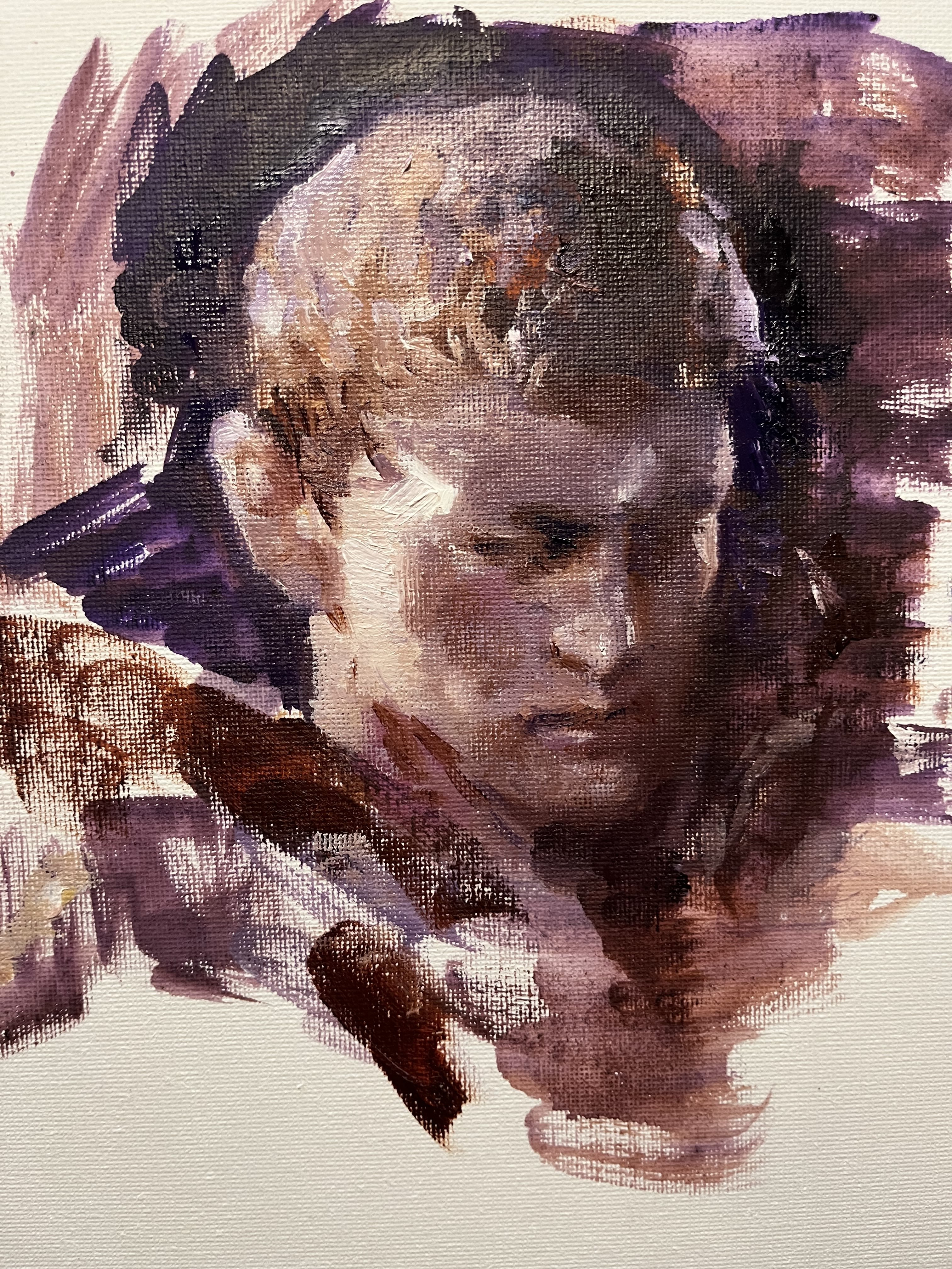 this is a closeup portrait painting of a man's head and shoulders. the painting is done in an impressionistic style with loose brushstrokes and a limited color palette. the man's face is partially obscured by shadows, creating a sense of mystery and intrigue. the artist has captured the man's pensive expression, and the painting is a compelling study of both light and shadow.